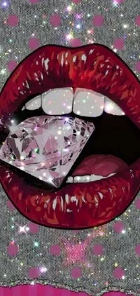 This phone live wallpaper features a stunning pop art design of a close-up view of a mouth with a sparkling diamond in the center, surrounded by rubies