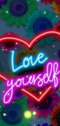 This phone live wallpaper features a vibrant neon sign that reads "love yourself