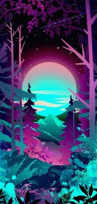 This phone live wallpaper depicts a serene and mystical night forest scene with trees, a lake, and a full moon