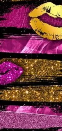 Brighten up your phone's background with this stunning live wallpaper! Featuring glittery purple and gold lips set against a black backdrop, this lively design also incorporates playful pink banners and a unique backroom background for added visual interest