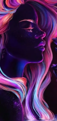 This live phone wallpaper showcases a stunning digital art piece with a futuristic purple, pink, and blue neon color scheme