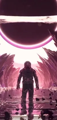 This phone live wallpaper showcases an otherworldly landscape, featuring a man standing in the middle of a tunnel and gazing out at a pink ocean