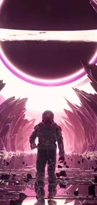 This phone live wallpaper showcases a man amidst space art and concept art: entrance to Valhalla, a black hole sun, and a pink ocean