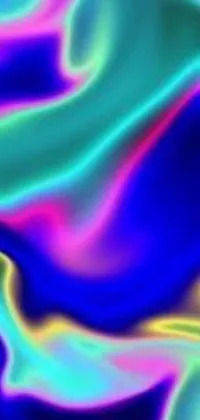 This dynamic phone live wallpaper features an abstract digital painting with flowing neon-colored silk in blue, pink and green colors, creating a holographic rainbow effect
