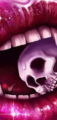 This phone live wallpaper boasts a gothic vibe with digital art depicting a mouth with a skull on it