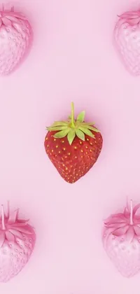This lovely live wallpaper showcases a strawberry surrounded by smaller strawberries on a charming pink background