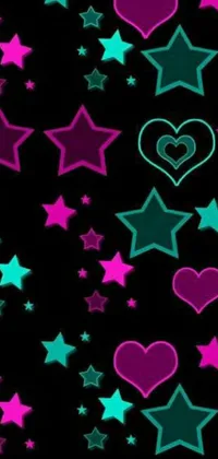 This digital phone wallpaper showcases a collection of stars and hearts set over a black background