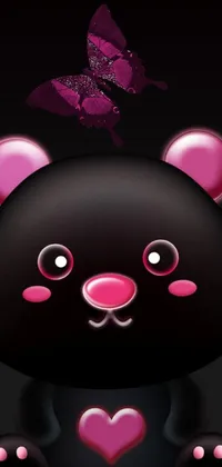 Get this adorable phone live wallpaper featuring a black bear with big eyes, smiley face, and pink hearts! A butterfly adds to the cuteness