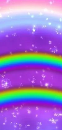 This phone live wallpaper showcases a brilliant rainbow on a deep purple background with twinkling stars