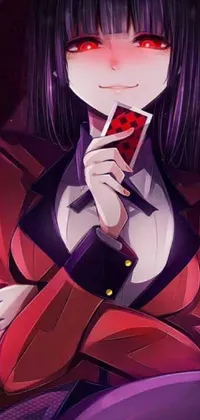 Looking for an edgy live wallpaper for your phone? Check out this thrilling image of a woman holding a cell phone, featuring a slasher smile and intense purple and red colors