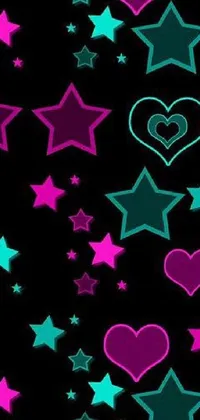 Looking for a lively and colorful live wallpaper to adorn your phone screen? Check out this gorgeous design! With mesmerizing stars and hearts in bioluminescent colors like pink, teal, and more against a sleek black background, this wallpaper is a true work of pop art