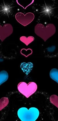 Looking for a dreamy and romantic live wallpaper for your phone? Check out this stunning design featuring a swirling mass of blue and pink hearts set against a black background