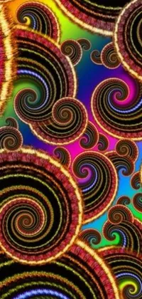 This phone live wallpaper showcases a captivating multicolored pattern of spirals set on a black background, crafted with intricate digital art techniques