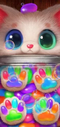 This phone wallpaper features a colorful image of a cute and fluffy cat sitting on top of a shelf filled with jelly beans of different sizes and shades
