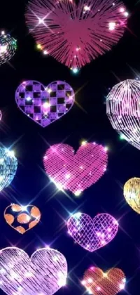 This phone live wallpaper showcases a lively and romantic design of glowing hearts on a black backdrop