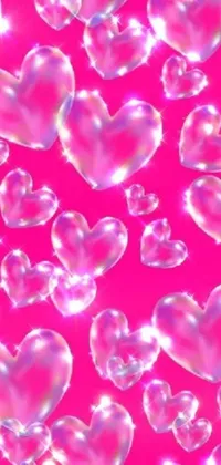 This vibrant and playful live wallpaper features dozens of pink hearts floating in the air, set against a backdrop of crystal lights and bright colors