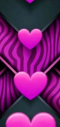 This live phone wallpaper features a group of pink hearts arranged on a black background and inspired by romantic themes