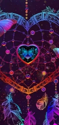 Transform your phone live wallpaper with this stunning heart-shaped dream catcher, featuring colorful butterflies and feathers that dance in a hypnotic motion