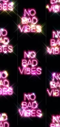 This dynamic phone wallpaper features six repetitions of colorful neon text that spells out "no bad vibes"