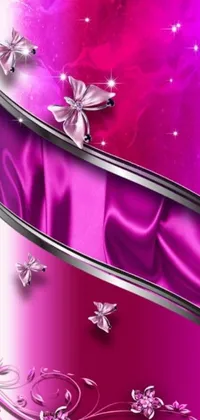 This phone live wallpaper features a surreal design with a purple and silver background adorned with flowers and butterflies
