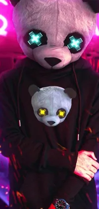This phone live wallpaper features a cyberpunk-inspired design with a person wearing a teddy bear hoodie