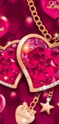 This phone live wallpaper showcases a romantic and visually striking scene with two hearts sitting on a luxurious bed, set against a backdrop of gleaming pink diamonds