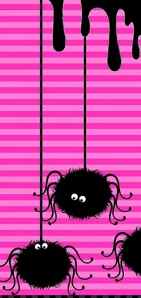 This live wallpaper showcases a captivating artwork of black and pink spiders hanging from strings in a playful and fluffy style