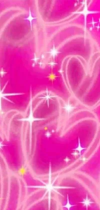 This phone live wallpaper boasts a captivating design with a vibrant pink background, adorned with delightful hearts and stars, and a charming digital art picture depicting a close-up shot