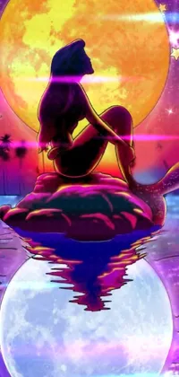This phone live wallpaper depicts a mermaid sitting on a rock under the full moon in digital art