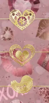 This live wallpaper features a beautiful pink backdrop adorned with golden hearts in an art nouveau style