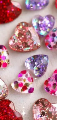 This phone live wallpaper features a mesmerizing pile of glitter hearts on a table against a background of small studded earrings