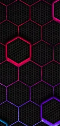 This live wallpaper features a stunning design of colorful hexagons arranged in a sharp, geometric pattern on a black background