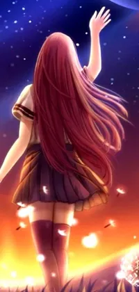 This phone live wallpaper depicts a stunning anime drawing of a girl with long fire hair standing in a mesmerizing grass field at sunset