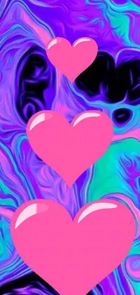 This phone live wallpaper features two vibrant pink hearts set against a trippy Tumblr-style background of purple and blue swirls