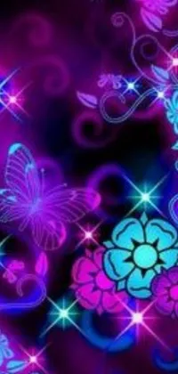 This stunning live phone wallpaper features a vibrant purple and blue color scheme adorned with delicate butterfly designs and floral motifs