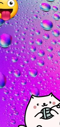 This phone live wallpaper features a close-up of a cute cat combined with colorful bubbles on a gradient purple background