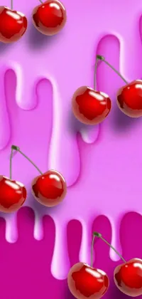 This phone live wallpaper showcases a lively, digital painting of cherries resting atop a pink liquid-covered surface