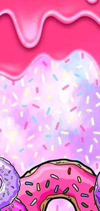 This live phone wallpaper features a group of donuts on a lively pink background