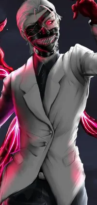 This stunning phone live wallpaper depicts a white-suited character standing near a fiery red dragon