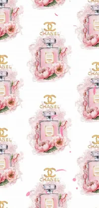 This phone wallpaper brings a touch of sophistication to your device with a stunning design of Chanel perfume bottles and pink flowers set against an art nouveau-inspired backdrop