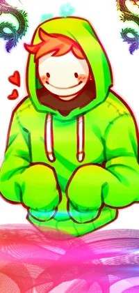 This live phone wallpaper features an anime-style drawing of a person wearing a green hoodie seated on the ground