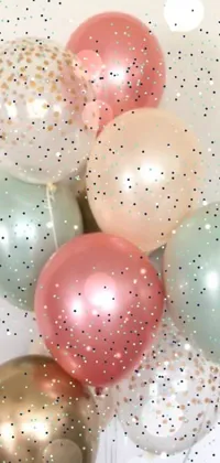This cute live wallpaper features bouquets of colorful balloons arranged on a table against a soothing backdrop of soft pastel colors