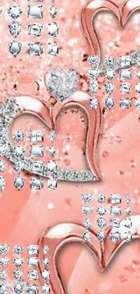 This pink-themed phone live wallpaper showcases a beautiful digital rendering of heart-shaped diamonds covered in glimmering jewels