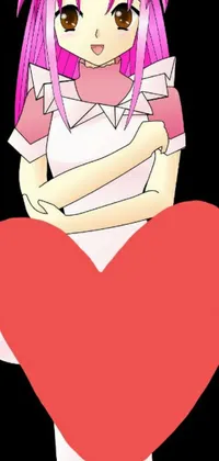 This phone live wallpaper features an adorable character with pink hair dressed in a maid outfit, holding a bright red heart close to her chest