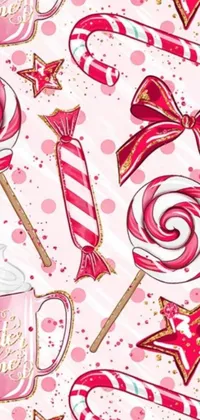 This phone live wallpaper showcases a playful and colorful pattern of candy canes and lollipops on a pink background