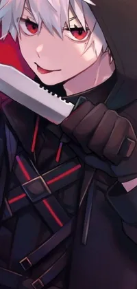 This phone live wallpaper features digital art depicting a person wearing black clothes and a cape and holding a knife