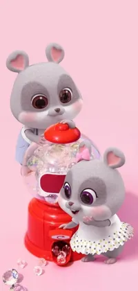 This delightful live phone wallpaper features a cute cartoon-style artwork of two mice sitting atop a candy dispenser