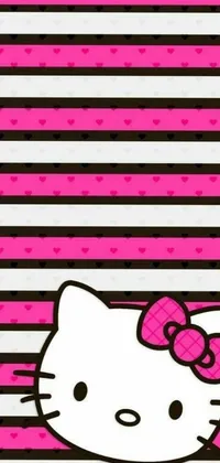 This live wallpaper showcases a trendy hello kitty phone case with a cute pink bow, paired with a striped and chocolate brown pattern