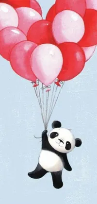 This live wallpaper features an adorable panda with a bunch of red and white balloons floating in mid-air