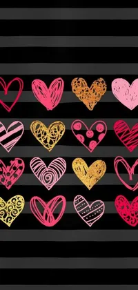 Get this trendy live wallpaper for your phone! Featuring a stunning array of colorful hearts, this vector art design adds a pop of pink and gold against a black backdrop